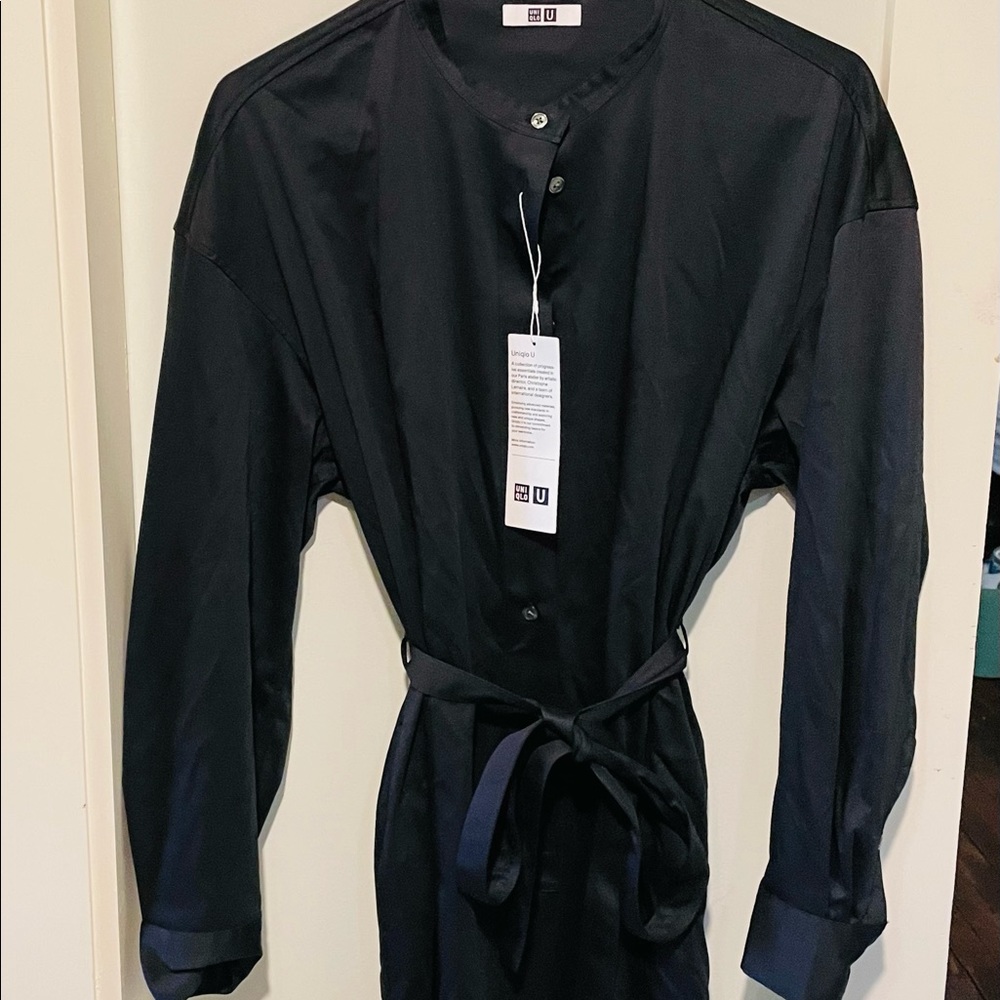 Uniqlo belted long sleeve mercerized cotton fitted black maxi dress NWT